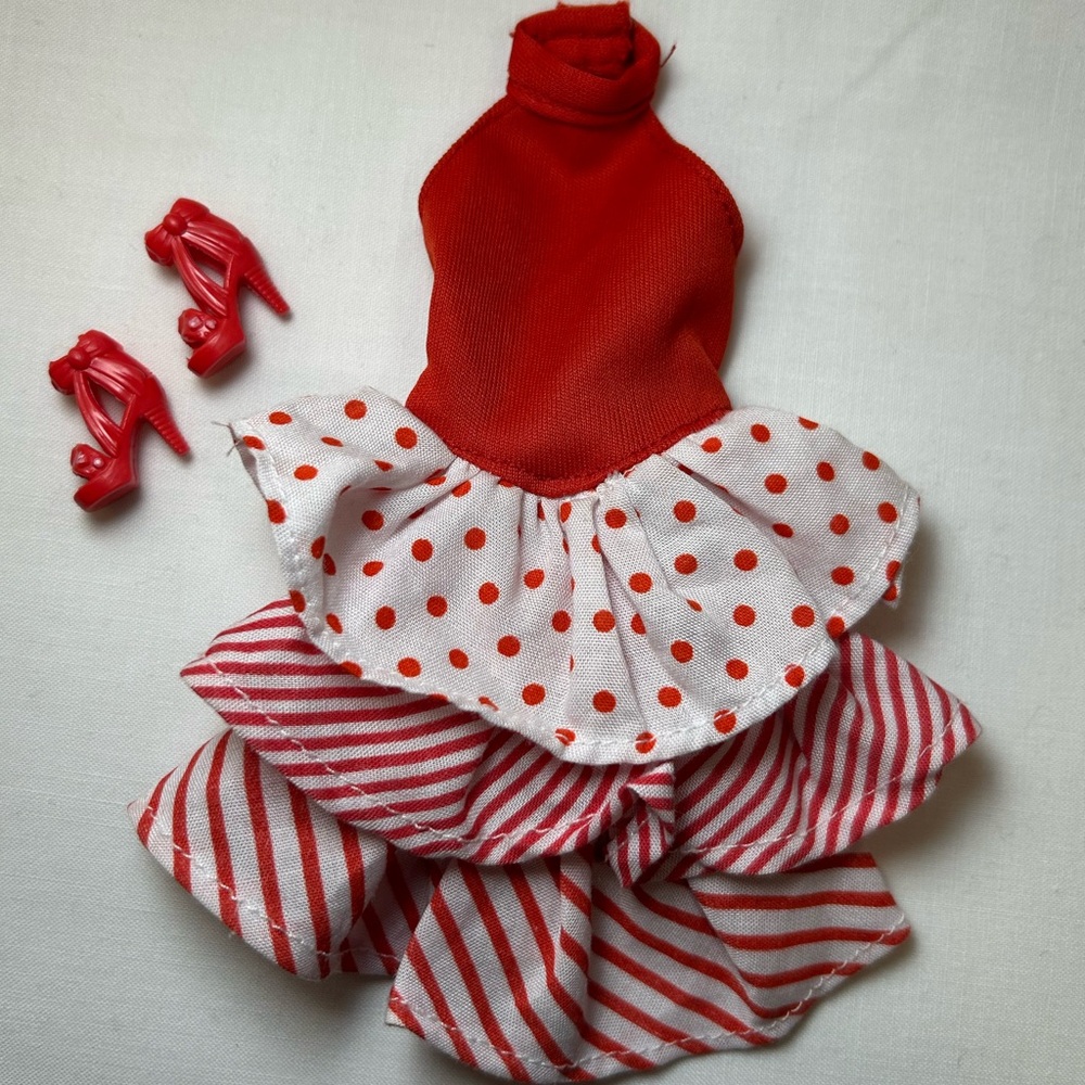 Doll Dress with Red and White polka Dots and Ruffles Comes with Shoes